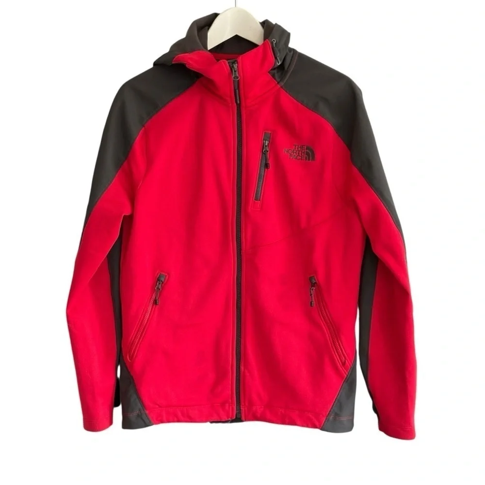 The North Face Mens Soft Shell Hoodie Red Gray Jacket Size Small